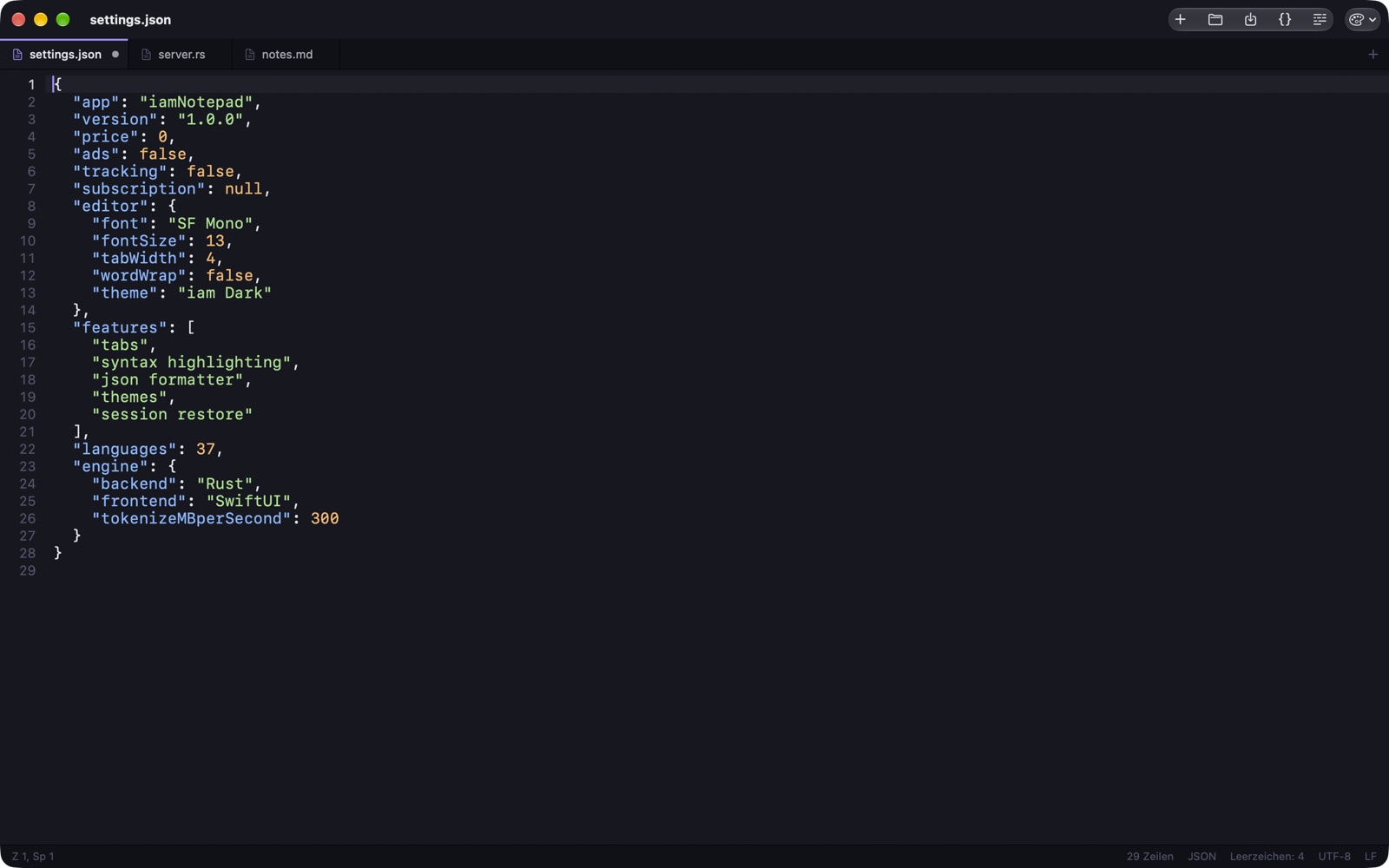 iamNotepad im Theme iam Dark mit formatiertem JSON
