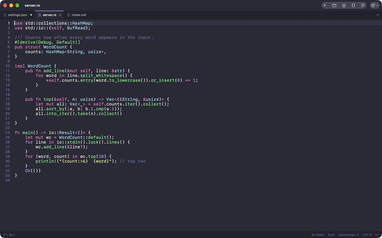 iamNotepad im Theme Dracula mit Rust-Code