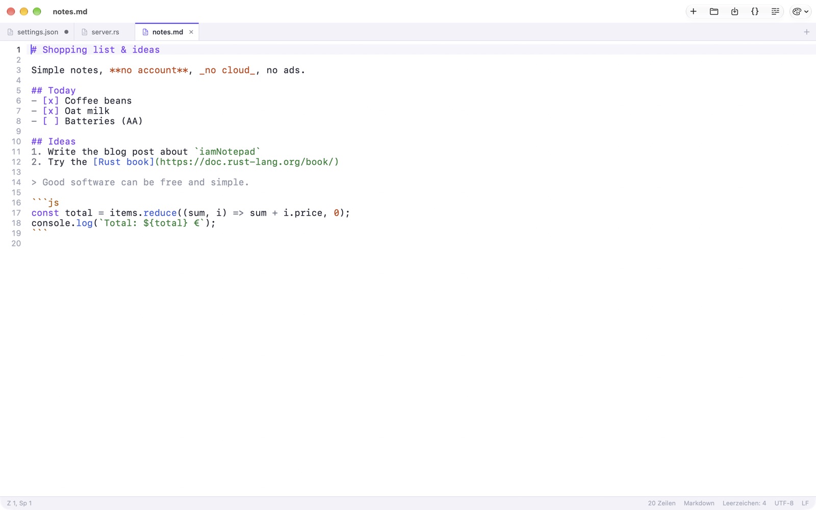 iamNotepad im Theme iam Light mit einer Markdown-Notiz